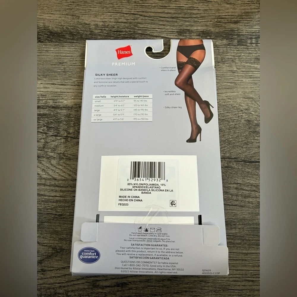 Hanes Premium Silky Sheer Lace Thigh High-LARGE- BLACK-20 Denier-NEW IN PACKAGE